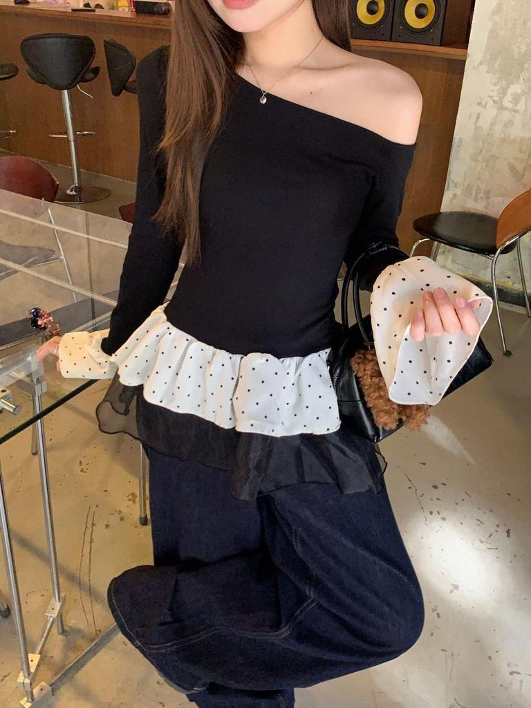 Women's Gray Slim-Fit Off-Shoulder Fur Collar Long-Sleeve Top for Autumn/Winter