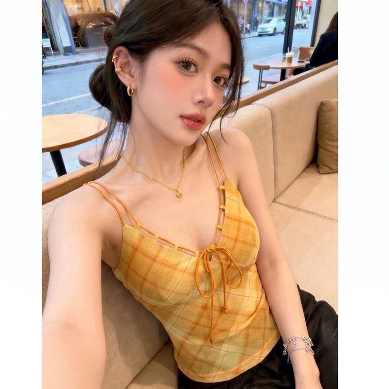 American retro plaid V-neck small suspender women's summer new waist and thin sexy top