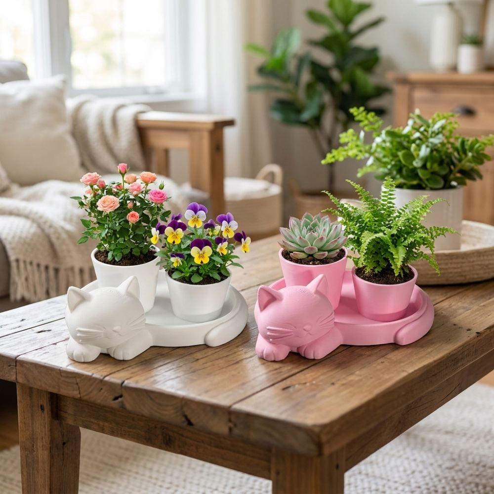 3D Printed Cat-Shaped Flower Pot Cute Animal Mini Potted Plant Jewelry Tray Indoor/Outdoor Use