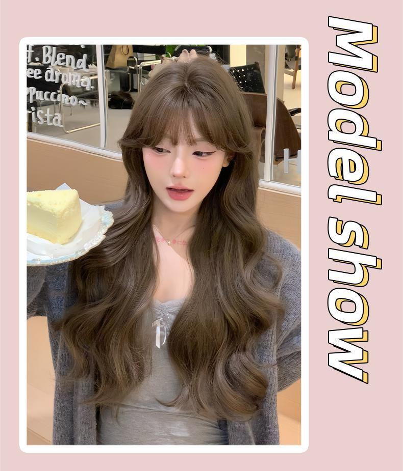 Net Sensation Tea Tea Wig: Brightening Milk Tea Gray-Brown, Korean Style with Big Waves, Elegant Face-Slimming, Realistic Full Head for Women