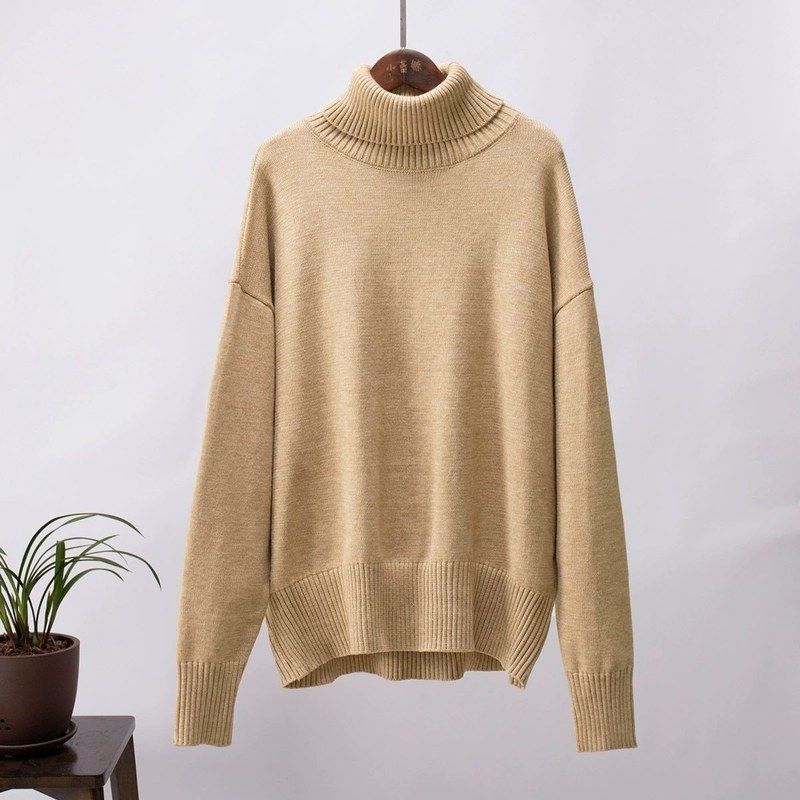 Women's Plus Size Turtleneck Sweater Autumn Winter Loose Solid Color Pullover Knit TopThick Stretch Knitwear