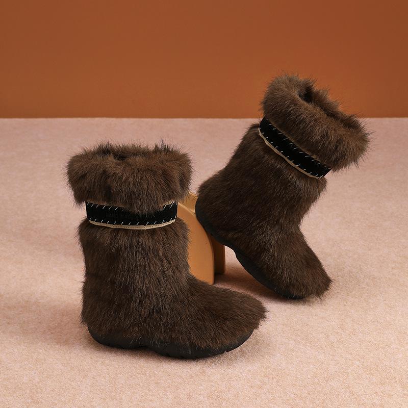 Women's Thick Bottom Fur Upper Fashion Winter Lightweight Warm Anti Cold Snow Boots Non-slip Casual Sneakers Cotton Boots