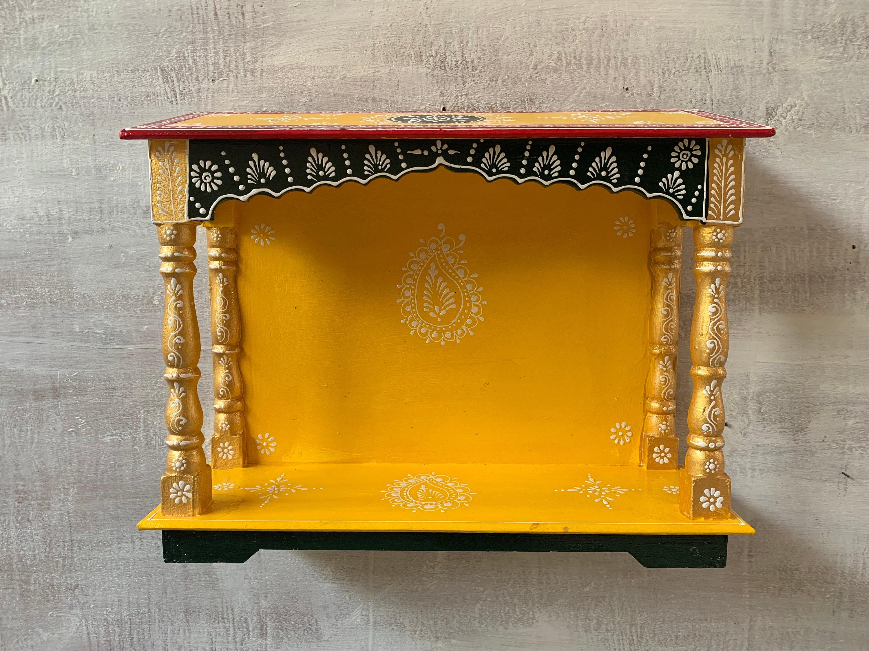 

Handmade Painted Wooden Mandir: Indian Puja Ghar Wall Hanging 16” X 8” X 24” (l x w x h)