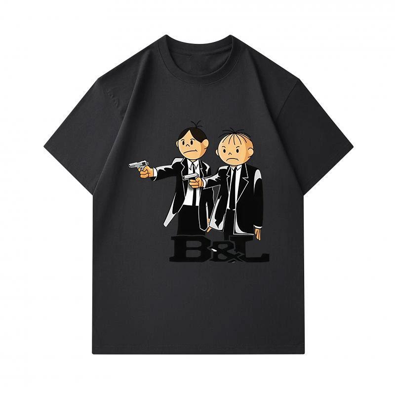 Men's 100% Cotton Crew Neck Short Sleeve T-Shirt, Funny Cartoon Two Gangster Characters Printed Casual Lightweight Tee for Daily Wear