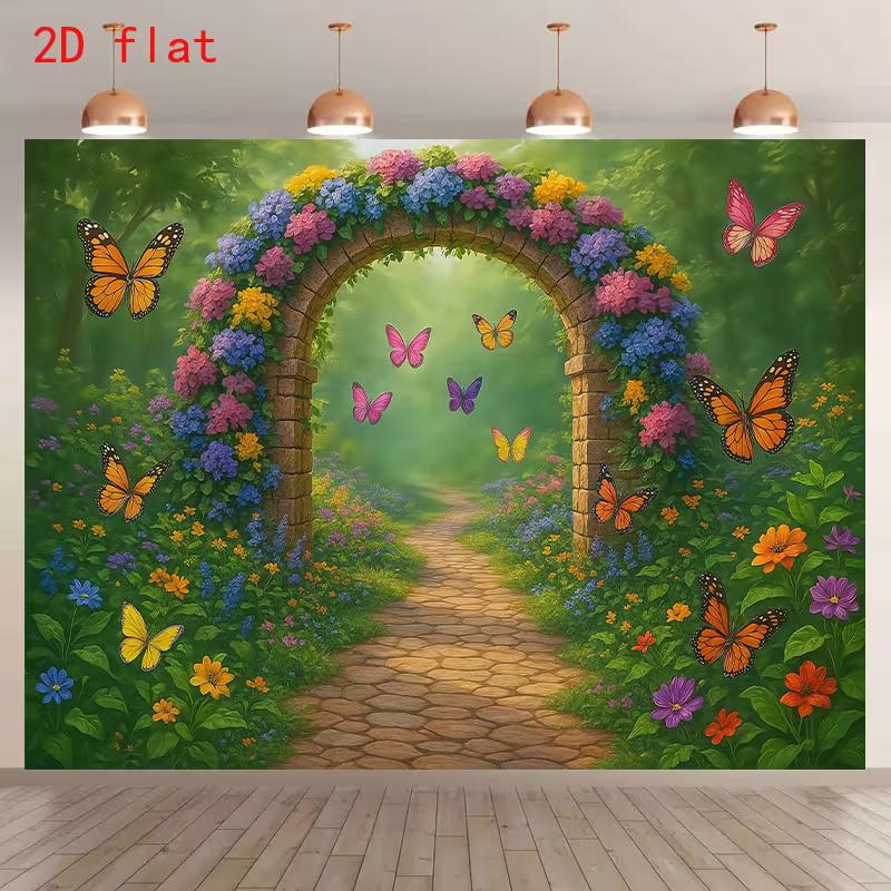 2D Whimsical Photo Booth Backdrop with Stone Arch and Colorful Butterflies