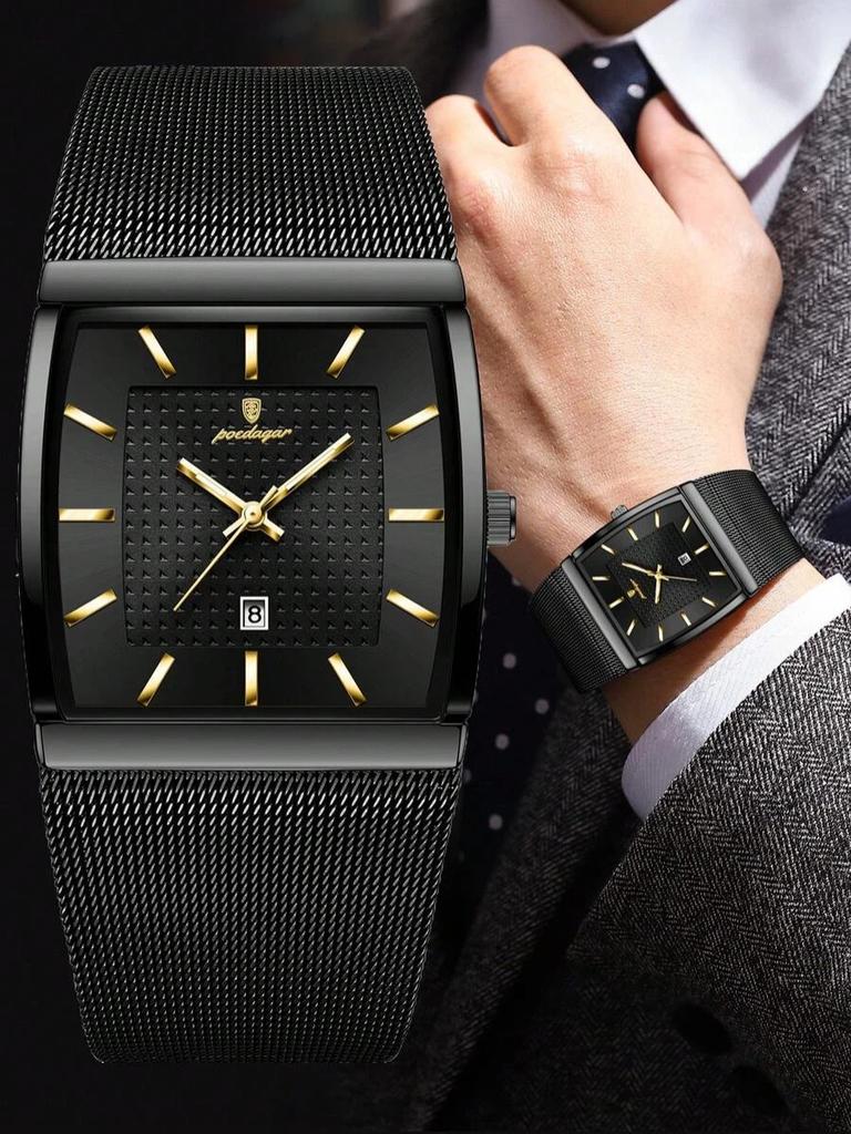 POEDAGAR Luxury Casual Men Clock Stainless Steel Mesh Date Waterproof Luminous Wristwatch Quartz Fashion Watches