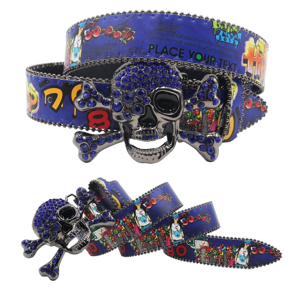 Cintura in Pelle con Teschio Graffiti e Strass: Stile Europeo e Americano Versatile
