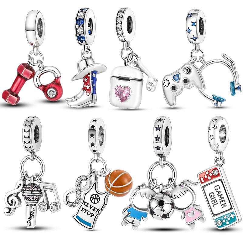 Sport Love Dangle Charm Fit Bracelet Necklace Copper Plated Skate Shoes Football Beads Pendant Original Jewelry