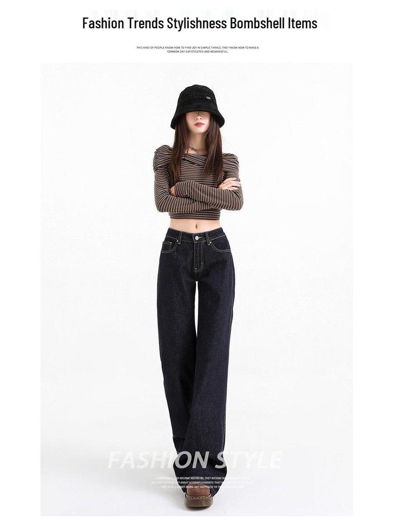 Women's Retro Low-Waist Deep Gray Blue Bell Bottom Jeans - Autumn/Winter Casual Slimming Narrow Leg Design