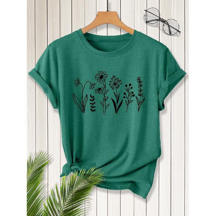 2026New SpringSummer Women's Round Neck Minimalist Line Drawing Floral Print Short Sleeve T Shirt Vintage distressed casual top Soft Knit Fabric