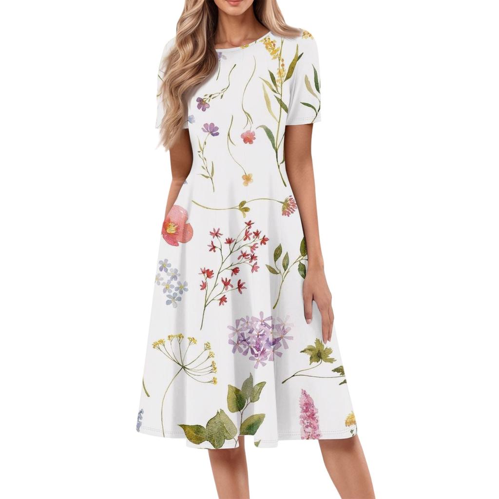 Women's Casual Fashion Round Neck Short Sleeve Floral Print Midi Dress