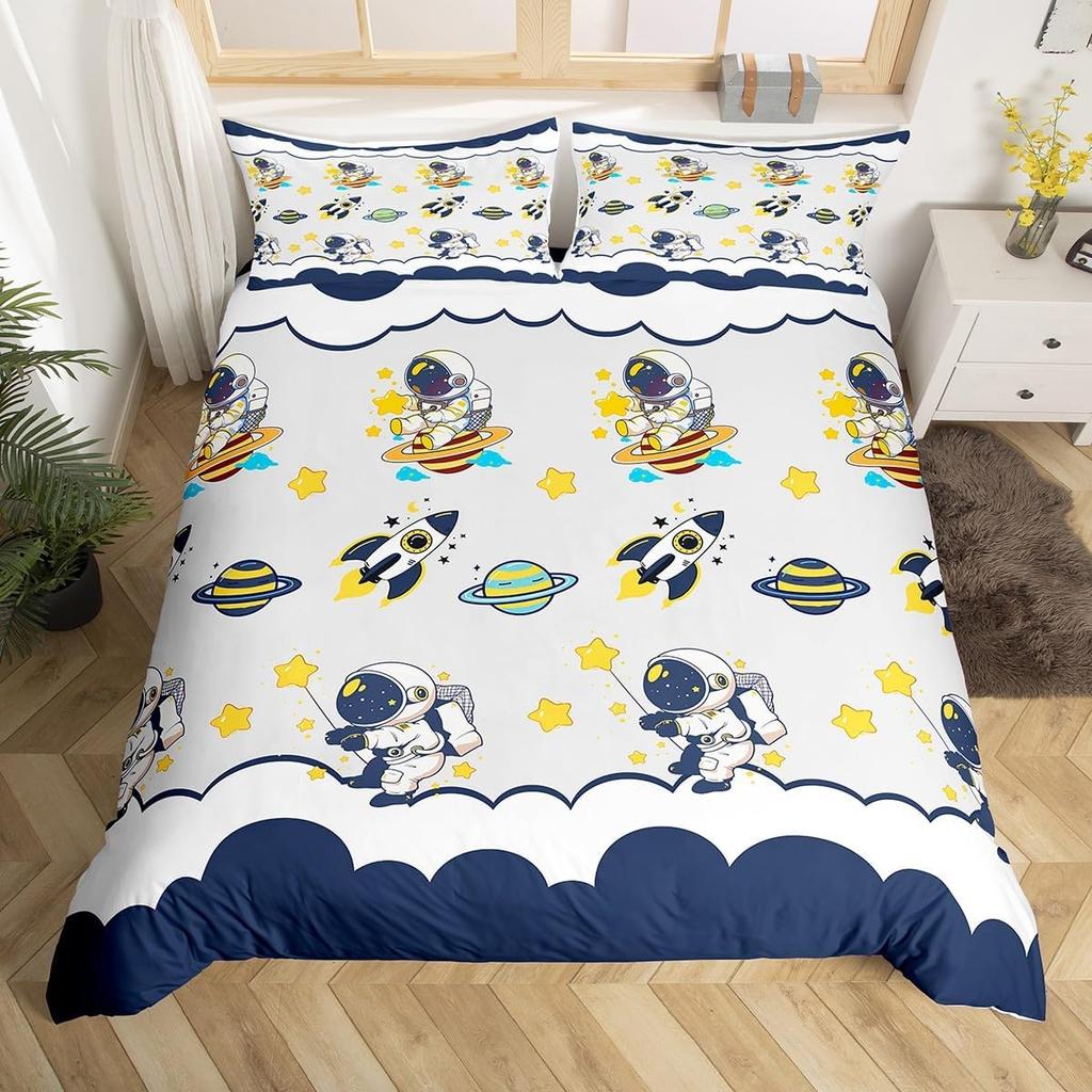Cartoon Astronaut Duvet Cover Twin King Galaxy Bedding Set Outer Space Planet Star Quilt Cover for Kids Boys Girls Bedroom Decor