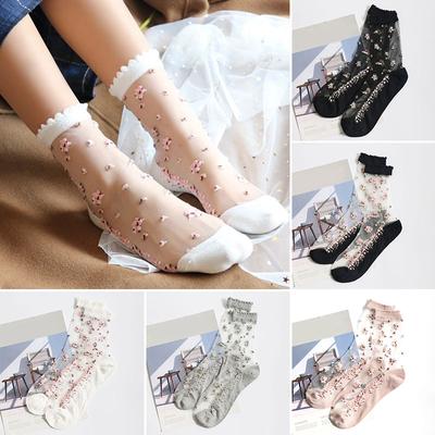 Women's Sheer Floral Transparent Cotton Socks Summer Thin Elastic Non-slip
