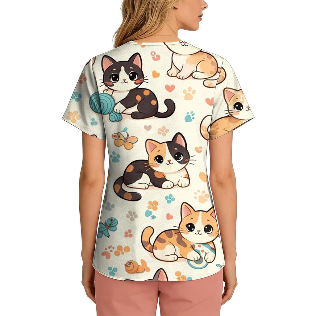 Women's Casual Short-Sleeve Cute Animal Print V-Neck Pocket Workwear Top