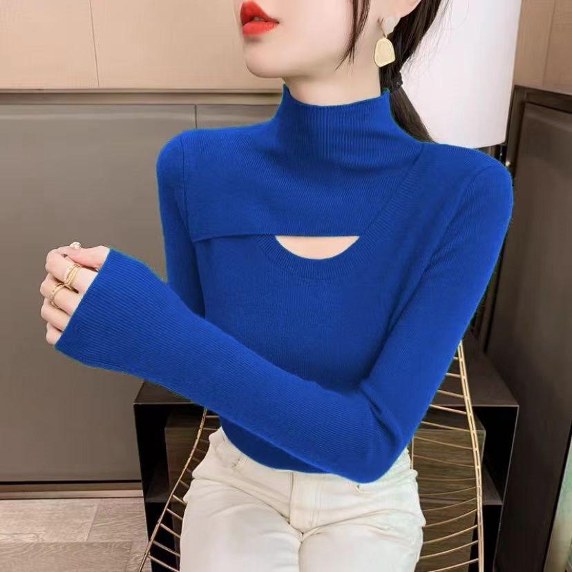 Women's Slim-Fit Knitted Sweater with Semi-High Neck and Hollow Design