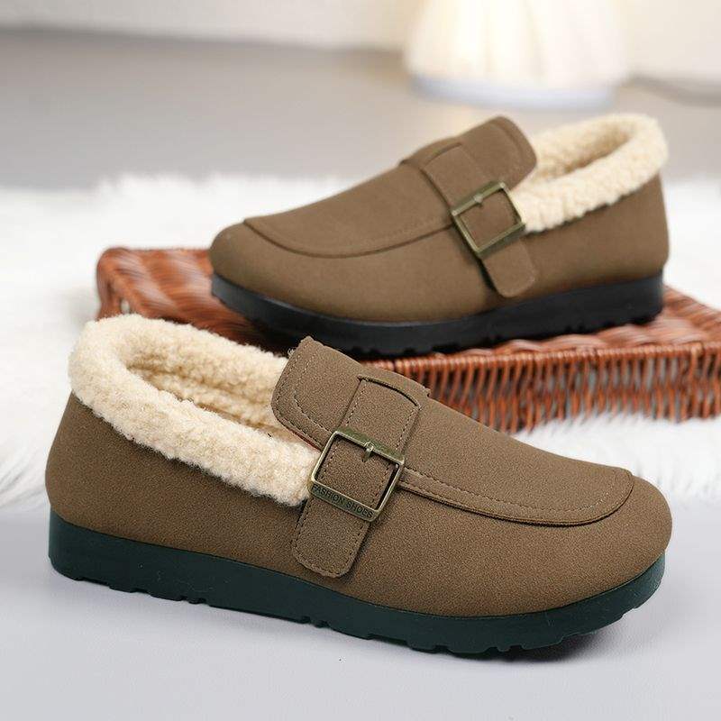 

Birkenstocks round head loafers versatile winter velvet soft-soled Doudou shoes versatile INS fashion cotton shoes 35