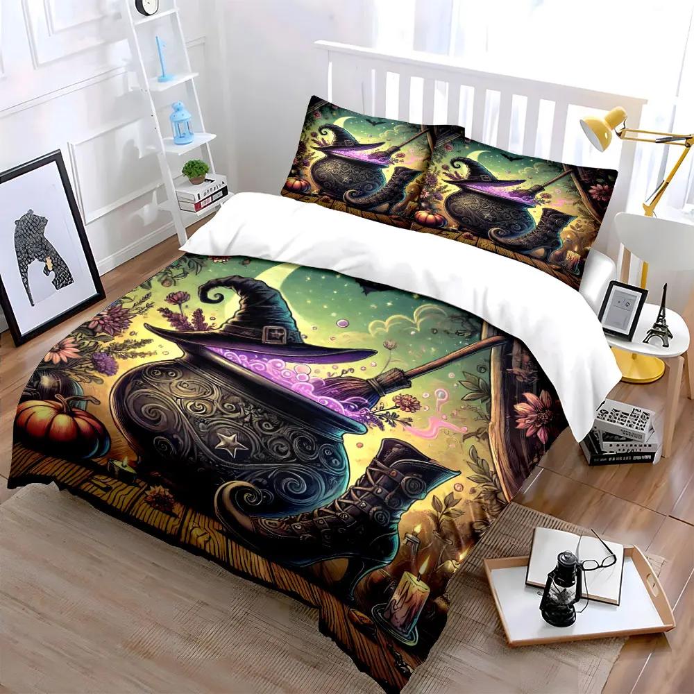 Witch Cauldron Hat Boot Set Bedding Set with 1 Duvet Cover 2 Pillowcases Single Double King Queen Gift