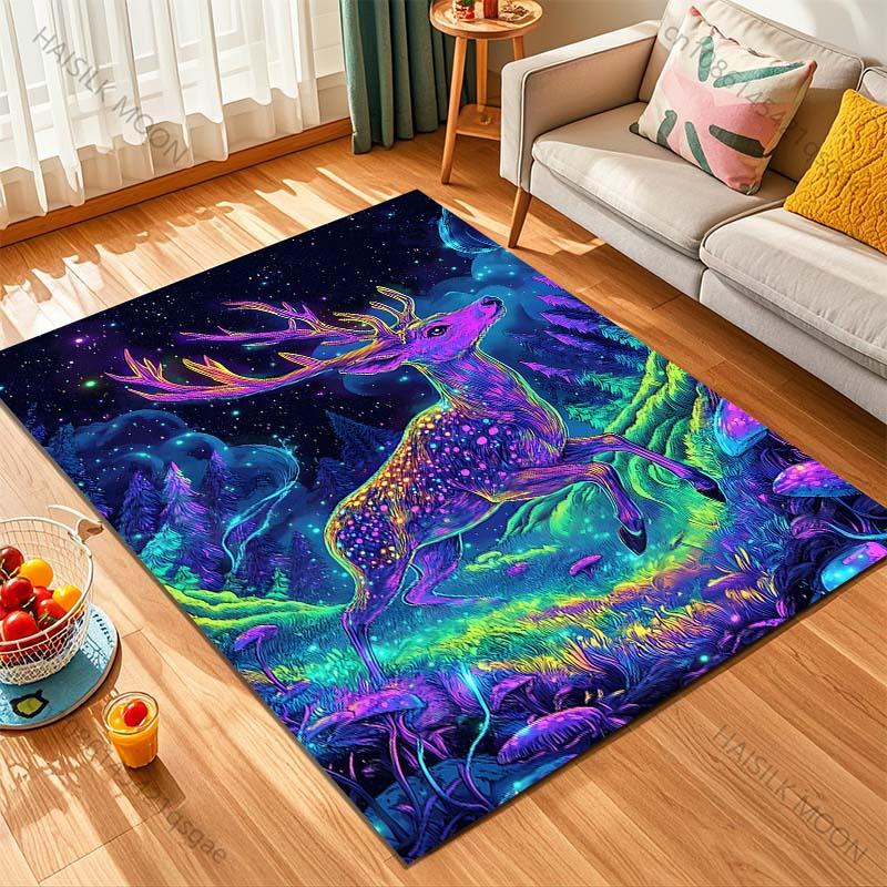 1PC Colorful deer in magical forest Print Carpet Rug for Living Room Bedroom Sofa Doormat Home Decor Non-slip Floor Mat