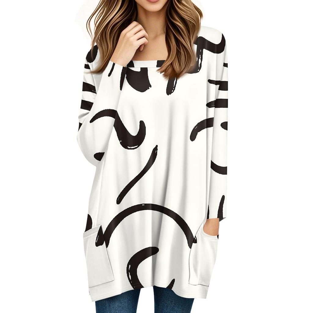 Womens Tops Square Collar Long Sleeve Blouses Casual Mid-length Shirts Fashion Print Tunic Tops With Pockets