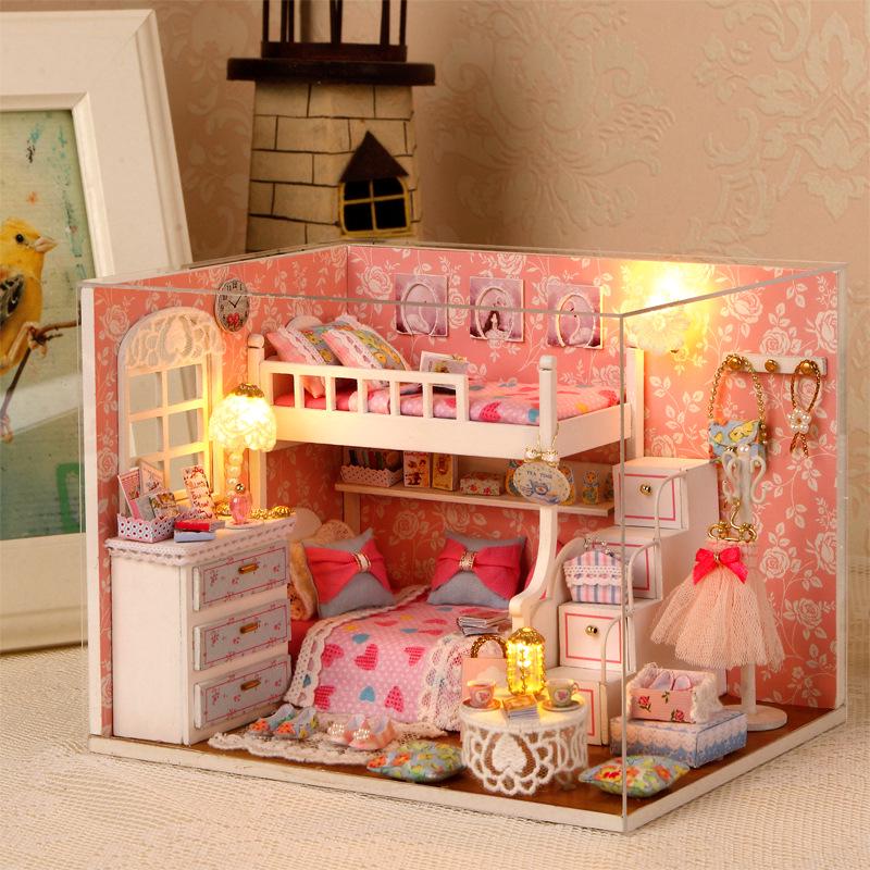 Kitten Mini Doll House Model Building Assembled House Home Kit Creative Room Bedroom Decoration with Furniture Birthday Gifts