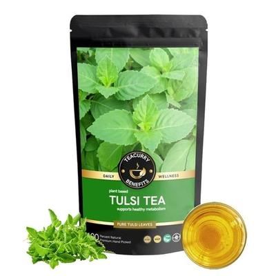 TEACURRY Tulsi-Tee - (100 g getrocknete Tulsi-Blätter) - Hilft bei Zuckerspiegel, Immunität, Zahnpflege, Blutdruck – Himalaya-Basilikumblätter