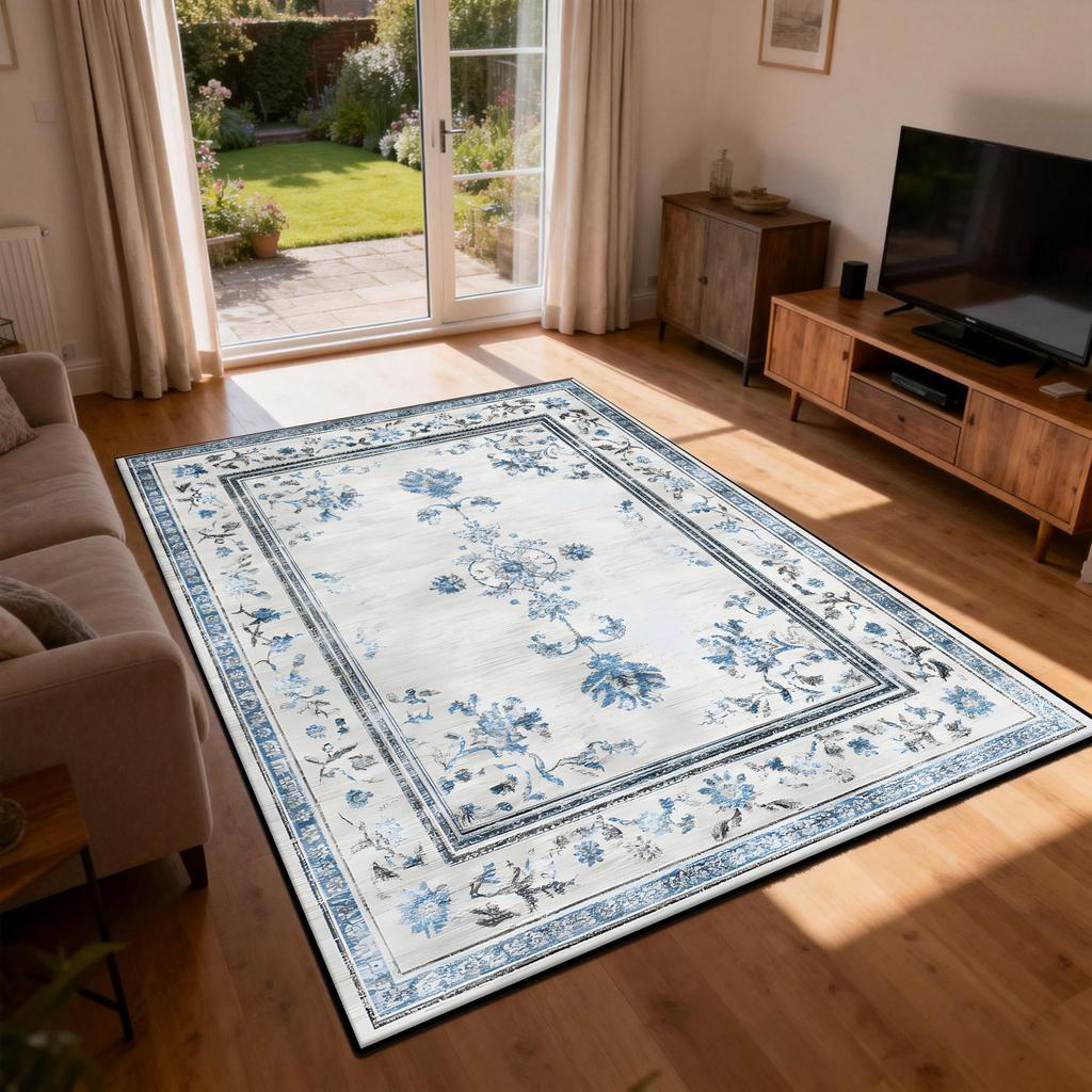 Persian Blue White Carpet Ethnic Style Living Room Decoration Sofa Rug Short Velvet Easy Clean Bedroom Parlor Floor Mat Non-slip