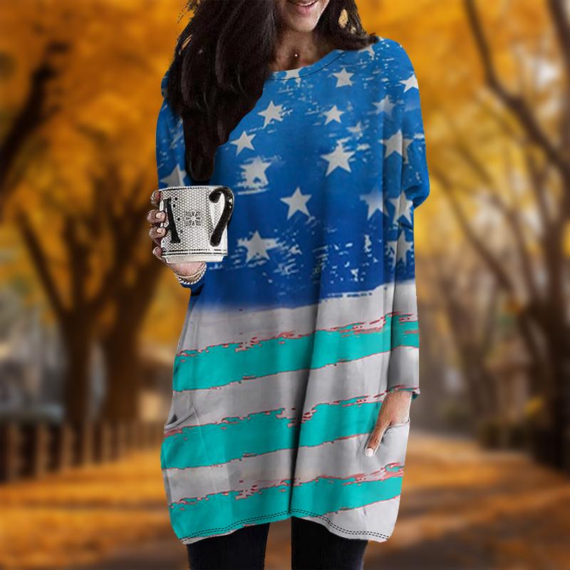 

Новинка осени. Платье большого размера с принтом флага. Женское повседневное платье с круглым вырезом и длинными рукавами. Платья с карманами. 8XL светло-синий