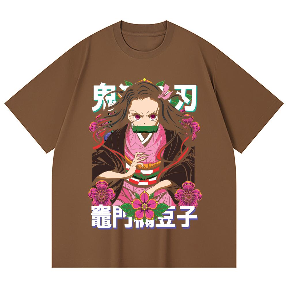 230 Gsm 100% Cotton Demon Slayer V70 Nezuko Flower Print Unisex Heavy Cotton T Shirt