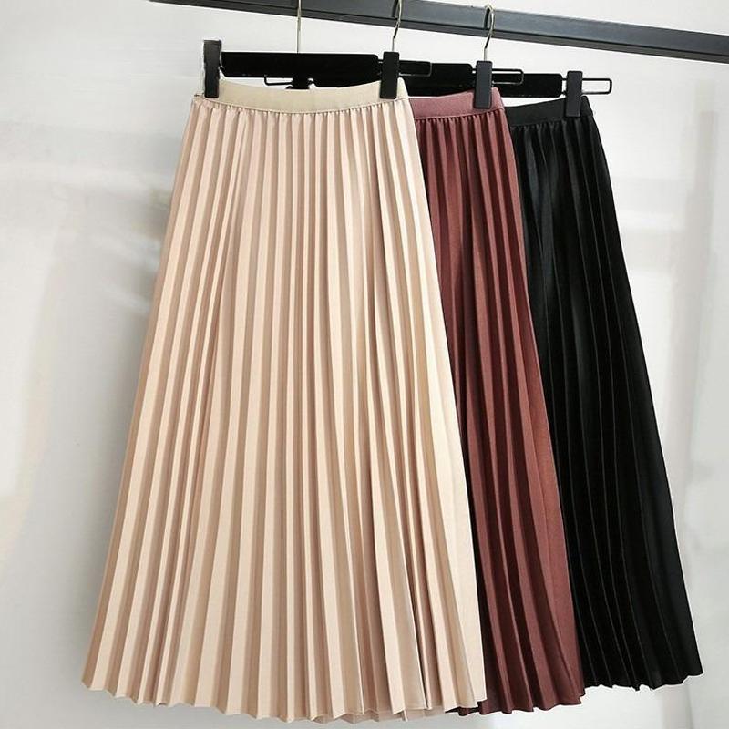 Saia Longa Plissada A-line Feminina com Cintura Alta