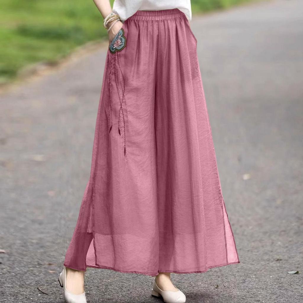 Damen Mode Doppellagige Weite Hosen Exquisite Bestickte Baumwolle Leinen Lässige Hosen
