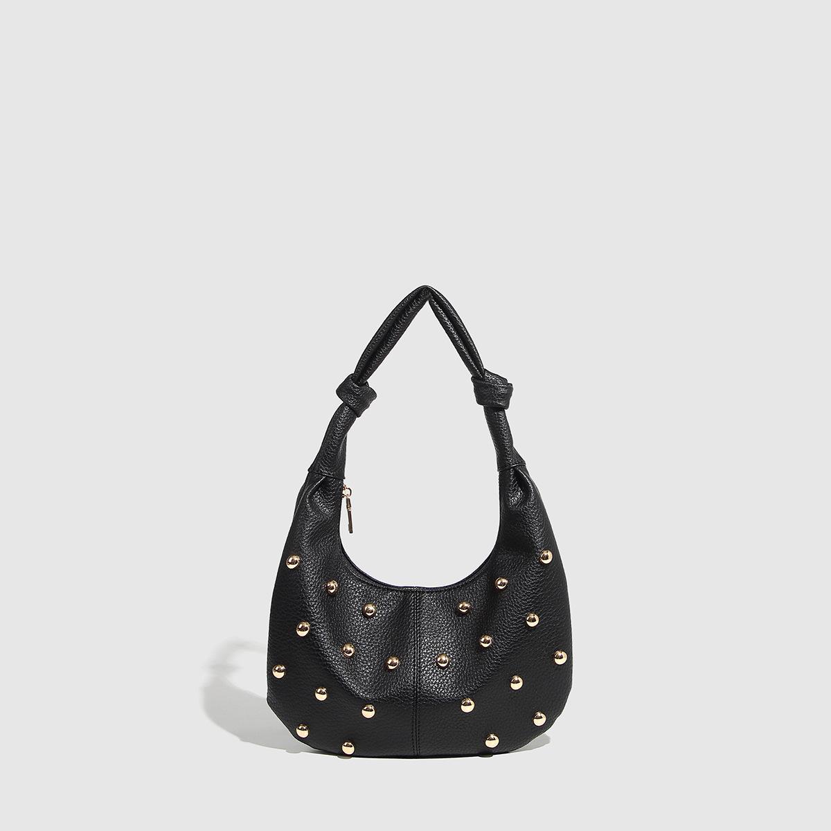 

Black Half Mo Underarm Bag For Women Luxury Studded Beading Handbags Purse Solid Color Pu Leather Shoulder Crossbody Bags чёрный