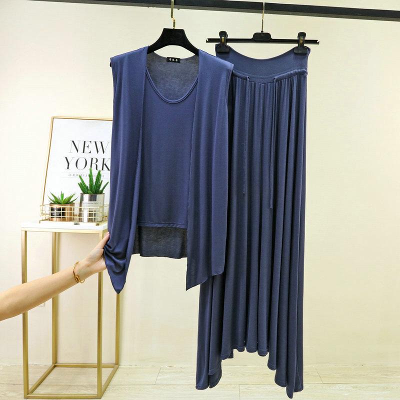 Plus size M to 6XL Modal Pajamas sets Summer Layering Vest Cardigan Top with strawstring Long Skirt Fashion Versatile 2 Piece Outfit