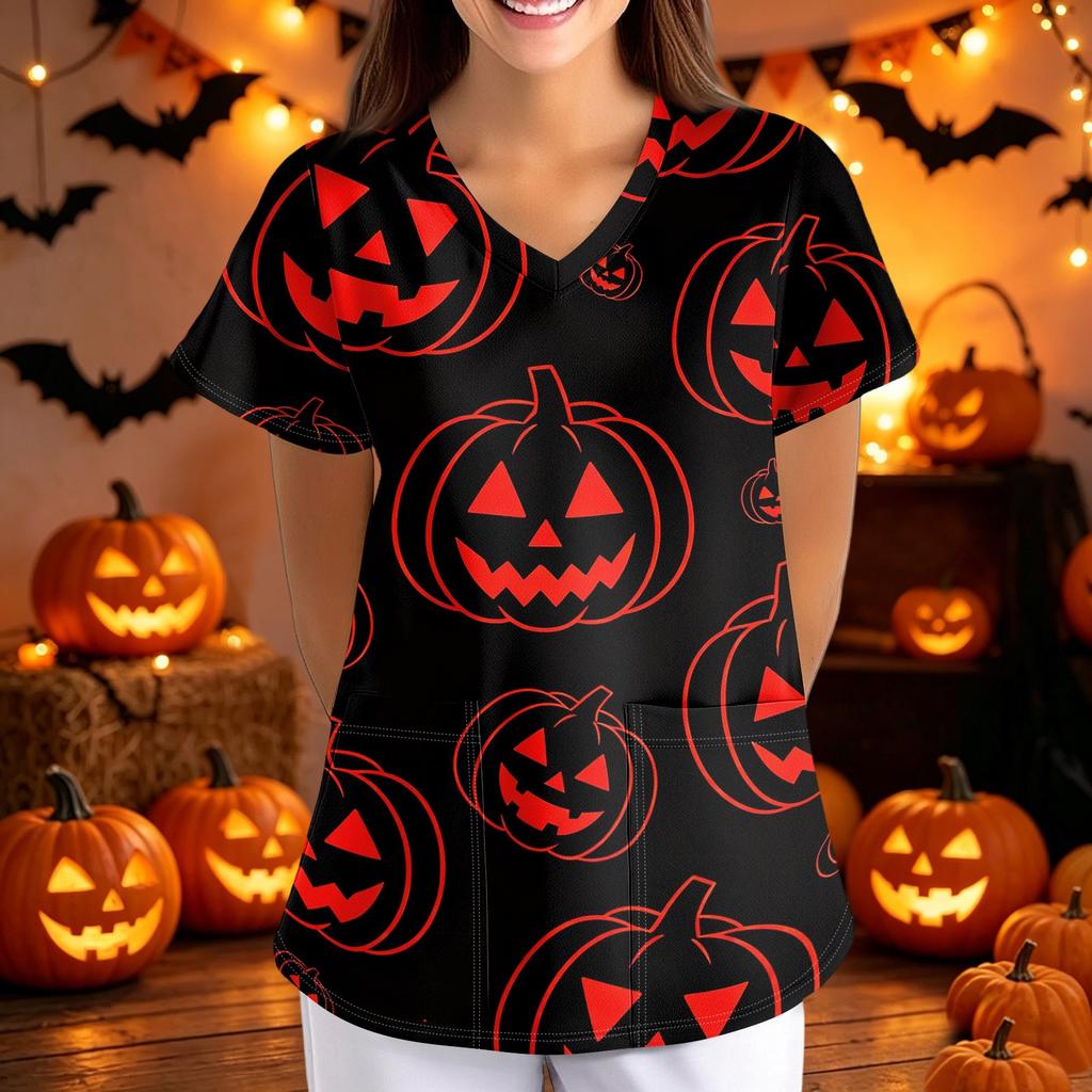 Women's Halloween Print Loose Fit V Neck Short Sleeve Medical Scrub Top with Pockets Comfortable Workwear for Healthcare Professionals