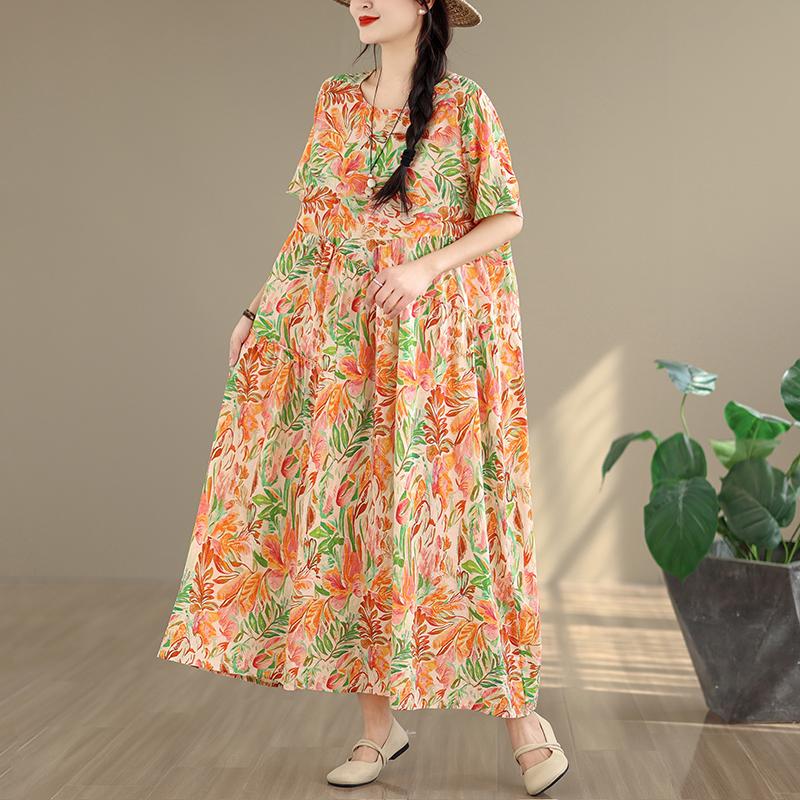 DIMANAF New 2026 Women Plus Size Summer Casual Long Dress Cotton Loose Oversize Floral Print Beach Sundress