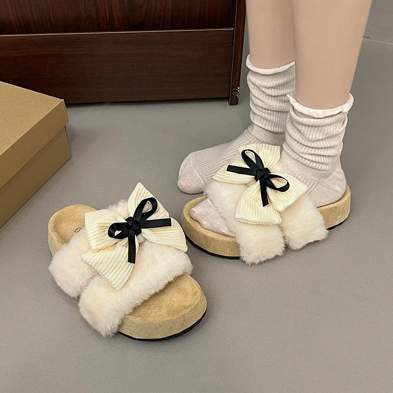 

2025 новые ретро бантик пушистые тапочки женская обувь модные универсальные толстая подошва увеличение высоты ленивые тапочки тренд 35