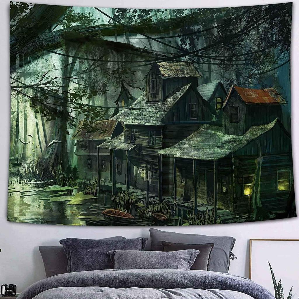 Aesthetic Swamp Abandoned House Tapestry, Dark Forest Haunted Cabin Wall Hanging, Gothic Witchy Decor For Bedroom Living Room