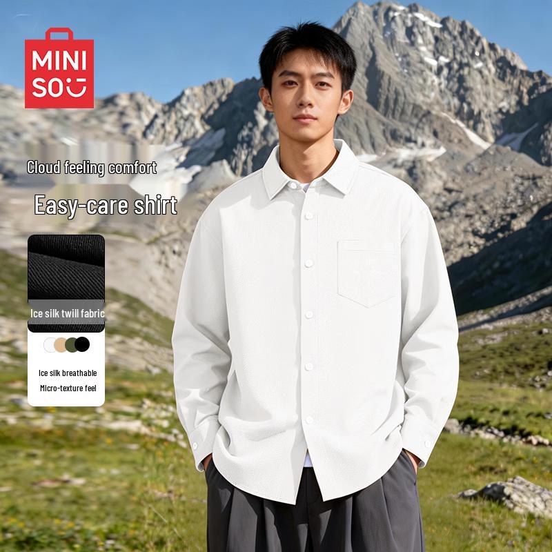 MINISO Men's Ice Silk Relaxed Fit Long Sleeve Shirt