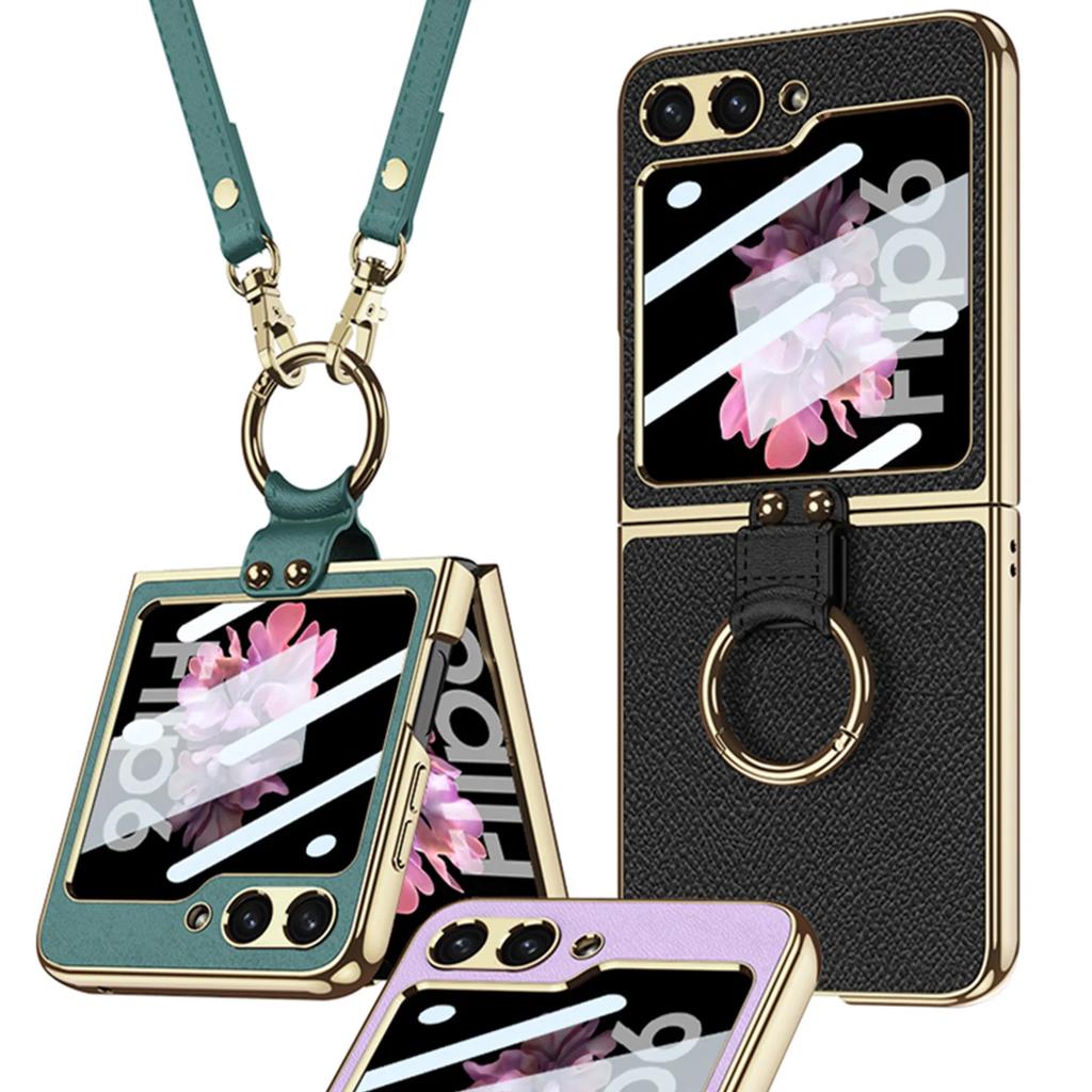 Luxury Plating Leather Shoulder Strap Case For Samsung Galaxy Z Flip 6 Screen Glass Ring Holder Cover For Galaxy Z Flip 5 Cases