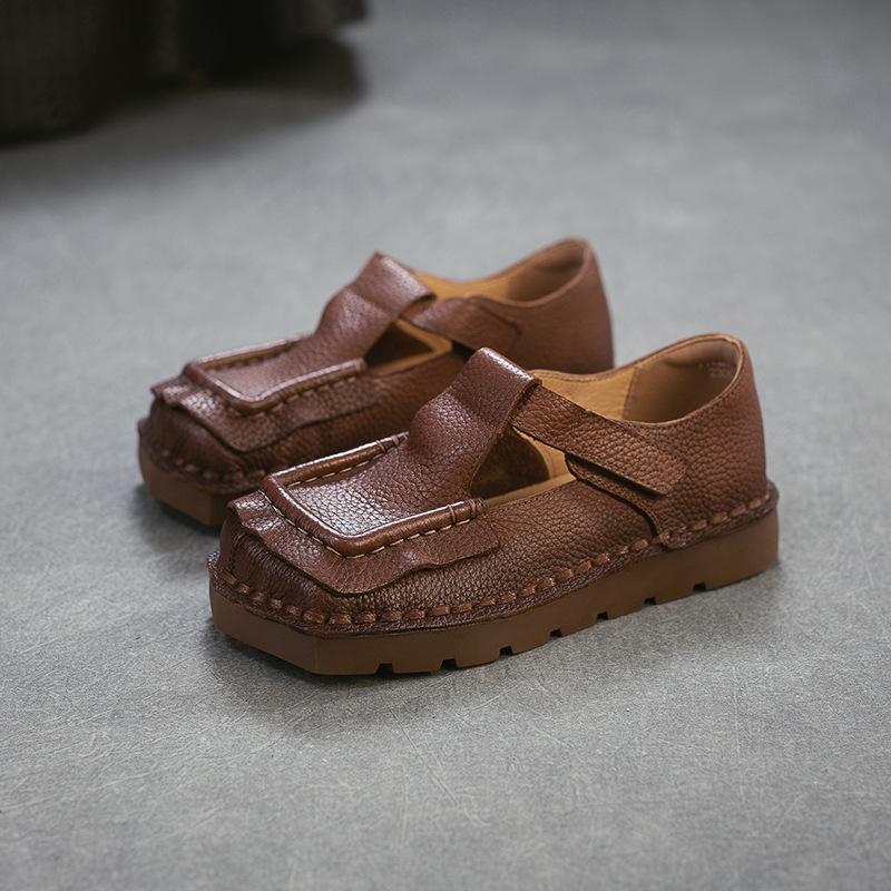 Johnature Square Toe Thick Soled Comfortable Commuter Women's Shoes Retro Genuine Leather Flats