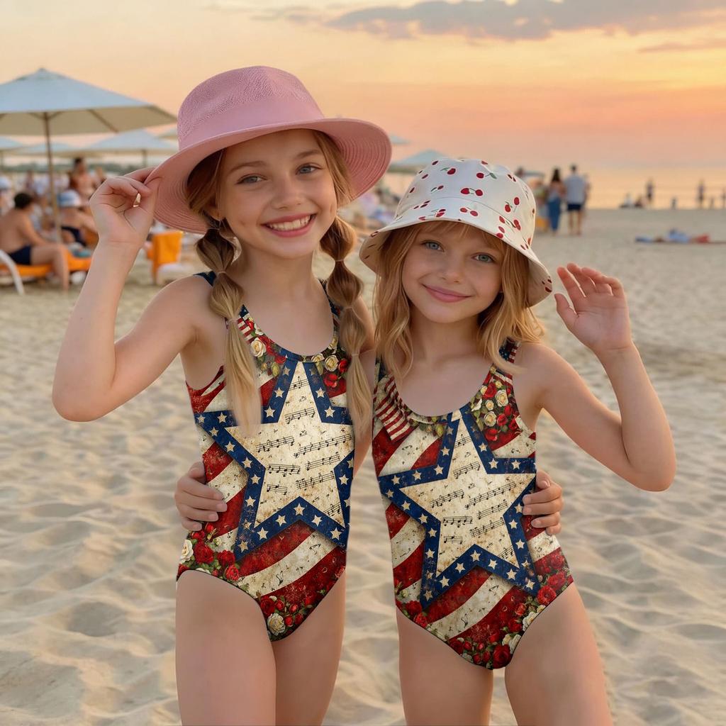 Mädchen Badeanzug Einteiler Unabhängigkeitstag Print Ärmellos Lässig Badebekleidung für Kinder Sommer Strand Pool Kleidung