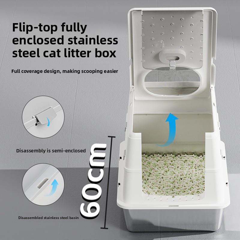 Stainless Steel Closed Cat Litter Box, Fully Closed Flip, Oversized, Heightened and Thickened Anti-splash Top-entry Cat Toilet