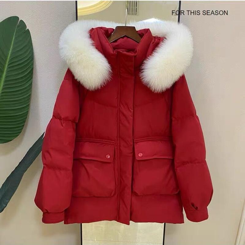 Women's Winter Autumn Hooded Fur Collar White Duck Down Jacket Coat Loose Solid Color Big Pocket Thicken Down Coat