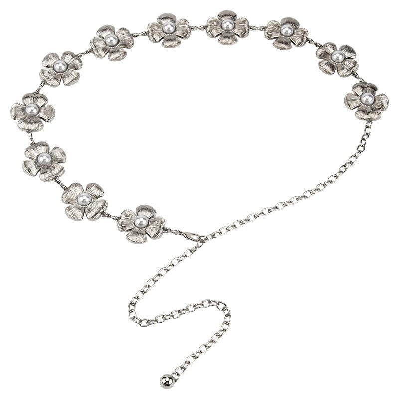 French Little Flavor Pearl Camellia Metal Decorative Waist Chain Women's Dress Sweet Accessories High-end Bands