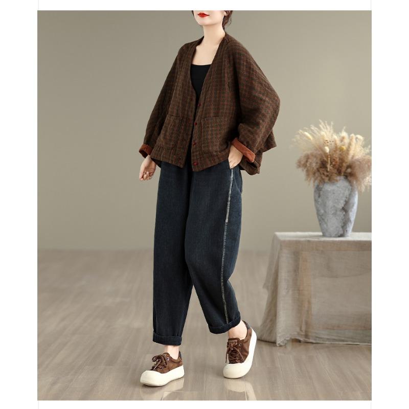 DIMANAF New Plus Size Autumn Women Coat Basic Long Sleeve Jackets Vintage Casual Loose Outerwear Cotton Print