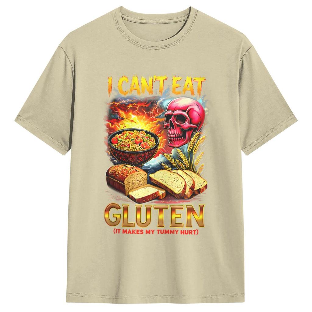 Men's T-Shirt I Can't Eat Gluten It Makes My Tummy Hurt Breakfast Bread T Shirts Hip Hop Summer Tees Funny Casual Cotton Tops
