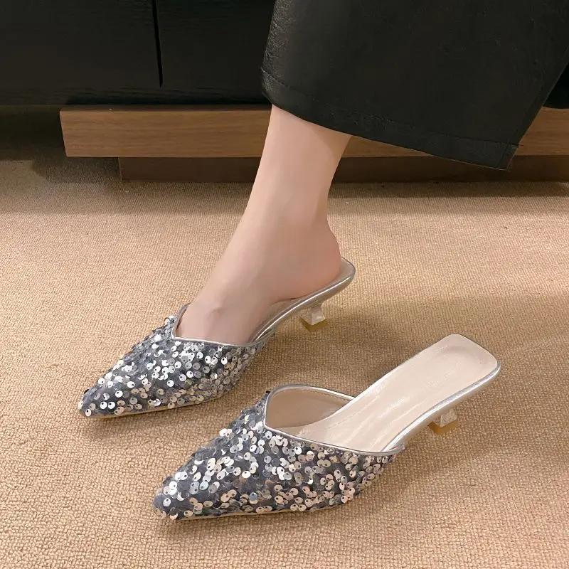 Fashion With Heel Sexy Sequins Shoes for Women Pointed Toe Woman Mules Slippers Elegant and Fashionable 2025 Luxury Non Slip Summer Sale