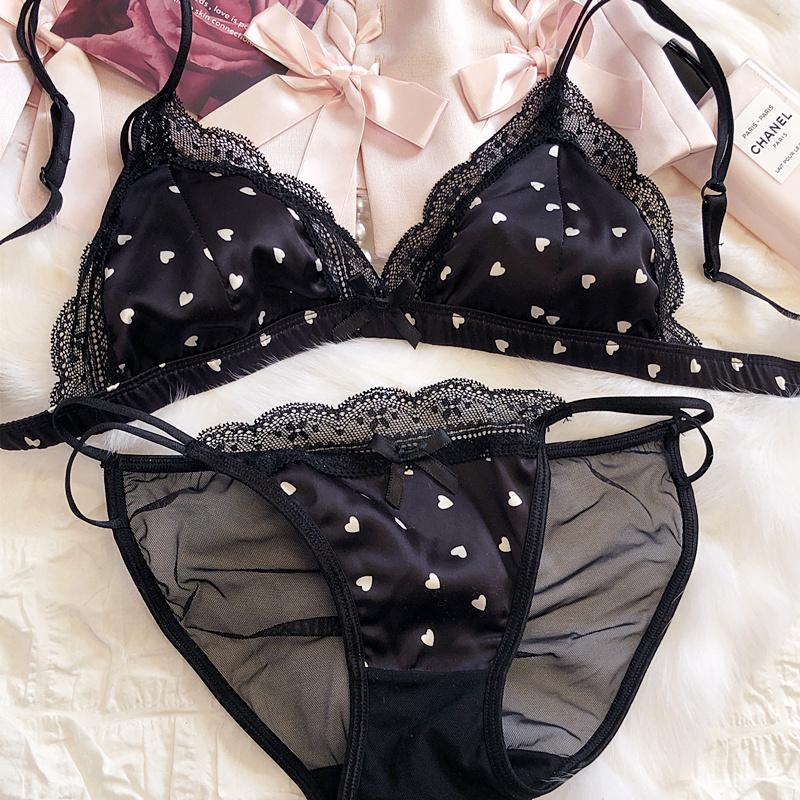 

1 комплект/французский ультратонкий комплект нижнего белья с треугольными чашками, новый сексуальный кружевной сетчатый летний дышащий комплект с бюстгальтером из шелковой ткани, удобный бюстгальтер M чёрный