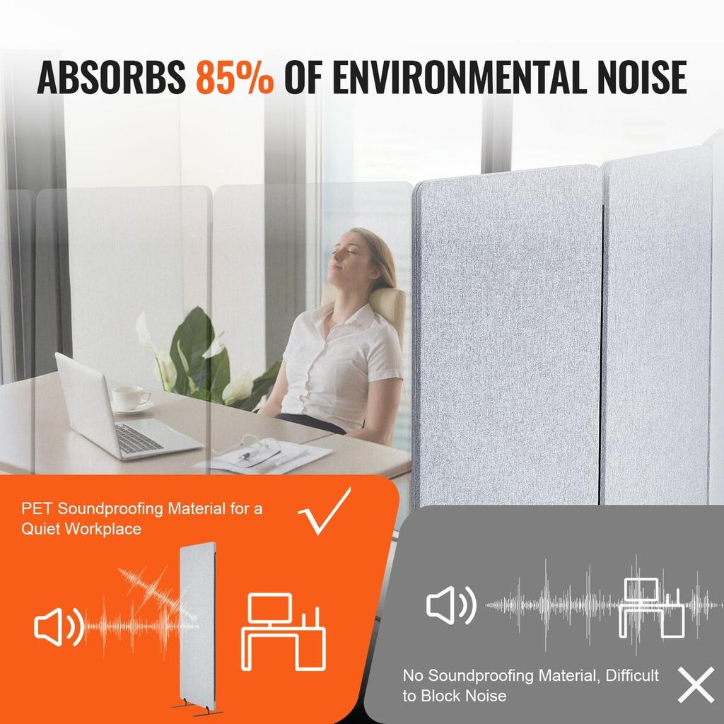 2FT Room Divider 3 Panels PET Polyester Soundproof Privacy Screen Grey
