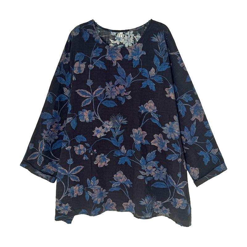 long sleeve Oversized cotton vintage floral Casual loose t shirt tops Women spring autumn t-shirt