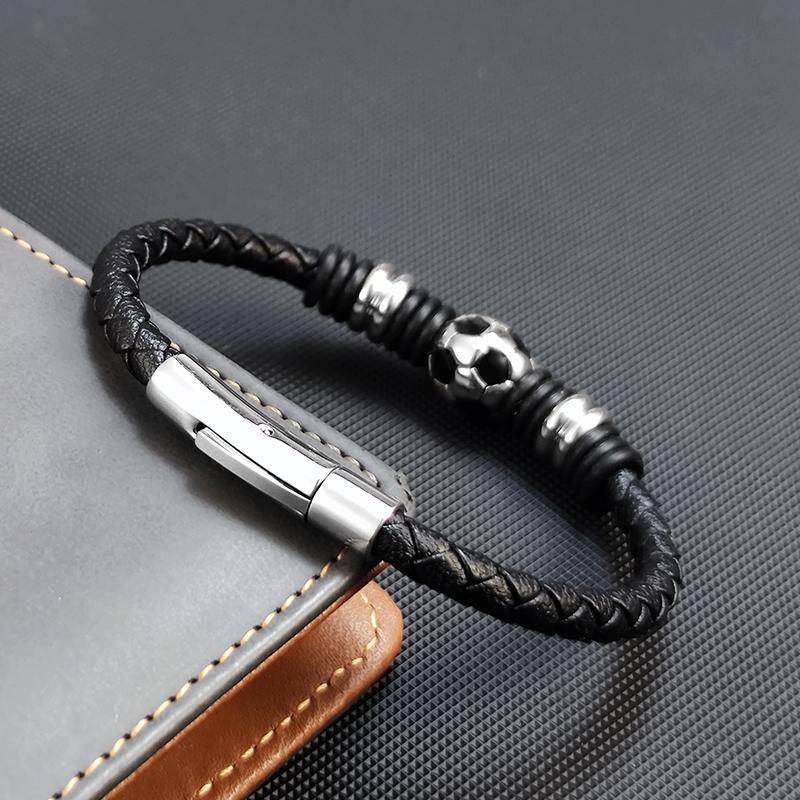 Fashion Stainless Steel Football Geometric Irregular Pattern Single Layer Braid Leather Bracelet Accessories for Men's Jewelry